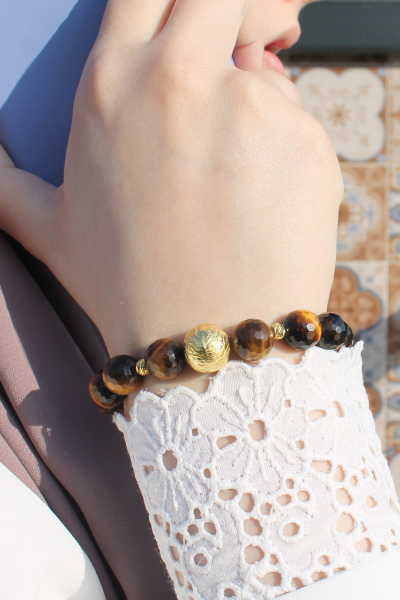 Berşan Kaplan Gözü Doğal Taş Tasarım Bileklik-69 (925 Ayar Gümüş Üzeri 14K Altın Kaplama)