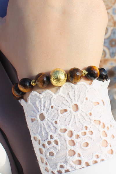 Berşan Kaplan Gözü Doğal Taş Tasarım Bileklik-69 (925 Ayar Gümüş Üzeri 14K Altın Kaplama)