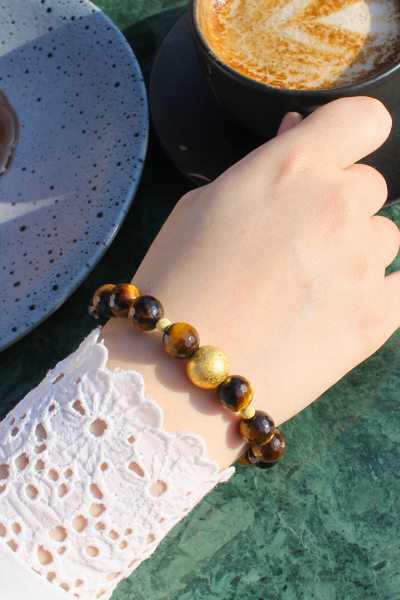 Berşan Kaplan Gözü Doğal Taş Tasarım Bileklik-2 (925 Ayar Gümüş Üzeri 14K Altın Kaplama)