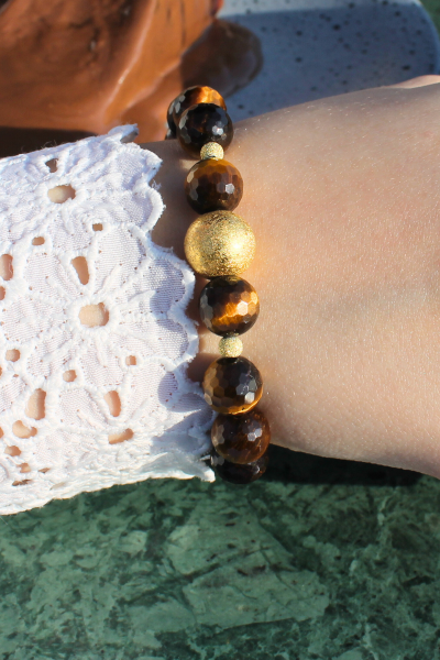 Berşan Kaplan Gözü Doğal Taş Tasarım Bileklik-2 (925 Ayar Gümüş Üzeri 14K Altın Kaplama)