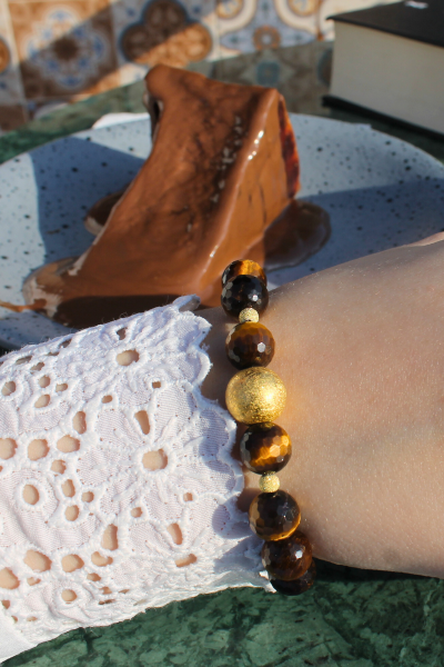 Berşan Kaplan Gözü Doğal Taş Tasarım Bileklik-2 (925 Ayar Gümüş Üzeri 14K Altın Kaplama)