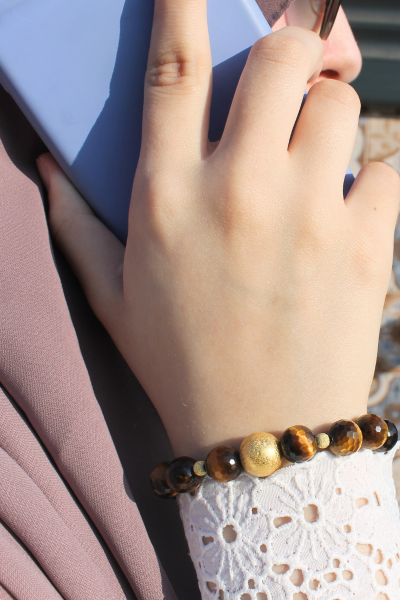 Berşan Kaplan Gözü Doğal Taş Tasarım Bileklik-2 (925 Ayar Gümüş Üzeri 14K Altın Kaplama)