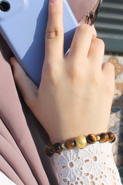 Berşan Kaplan Gözü Doğal Taş Tasarım Bileklik-2 (925 Ayar Gümüş Üzeri 14K Altın Kaplama)