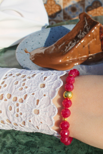 Alanur Rubellit Turmalin Doğal Taş Tasarım Bileklik-1 (925 Ayar Gümüş Üzeri 14K Altın Kaplama)