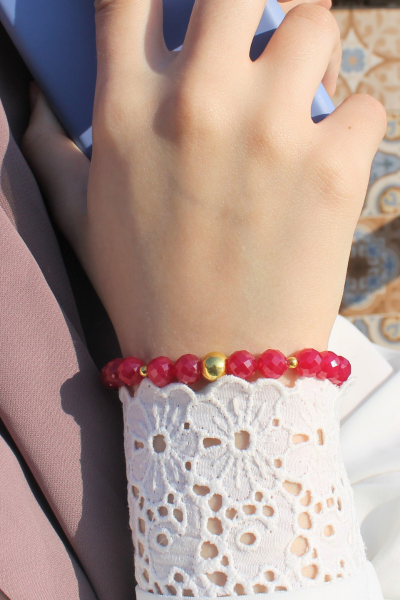 Alanur Rubellit Turmalin Doğal Taş Tasarım Bileklik-1 (925 Ayar Gümüş Üzeri 14K Altın Kaplama)