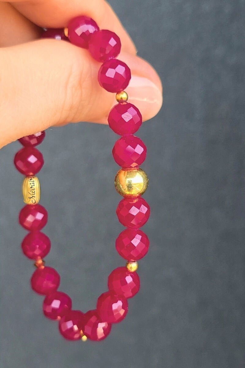 Alanur Rubellit Turmalin Doğal Taş Tasarım Bileklik-1 (925 Ayar Gümüş Üzeri 14K Altın Kaplama)