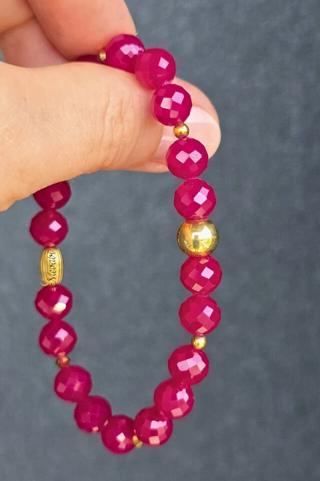 Alanur Rubellit Turmalin Doğal Taş Tasarım Bileklik-1 (925 Ayar Gümüş Üzeri 14K Altın Kaplama)