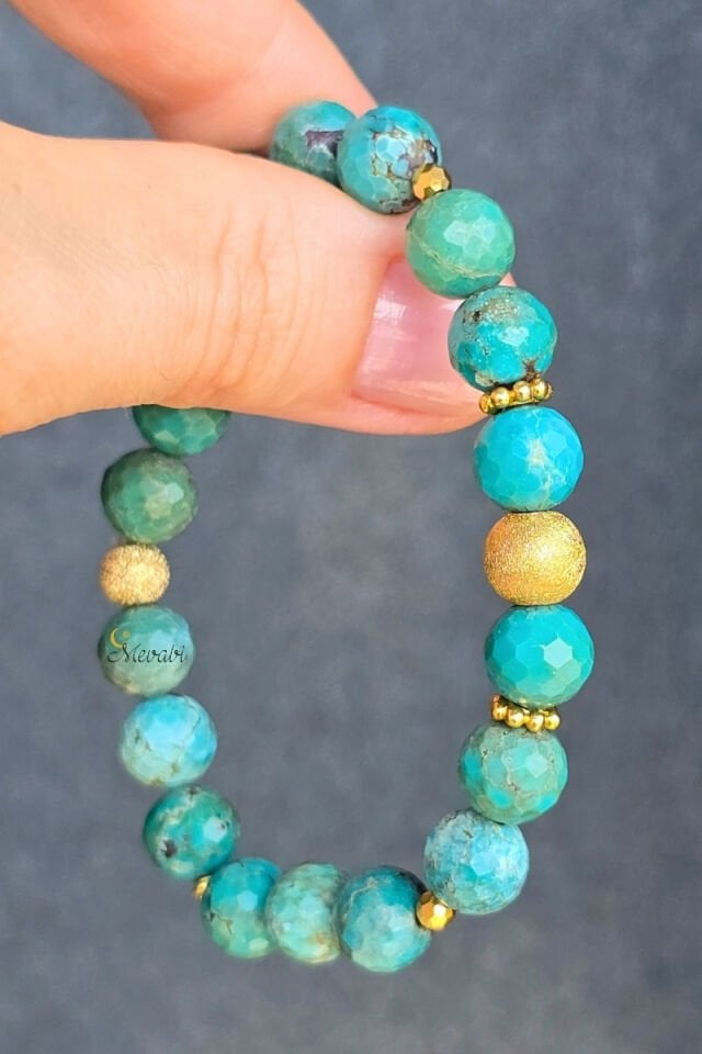 Eliza Turkuaz Doğal Taş Tasarım Bileklik-1 (925 Ayar Gümüş Üzeri 14K Altın Kaplama)