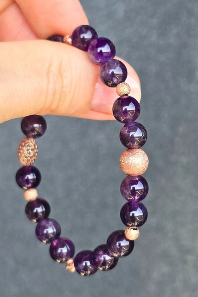 Zeren Ametist Doğal Taş Tasarım Bileklik-1 (925 Ayar Gümüş Üzeri Rose Altın Kaplama)