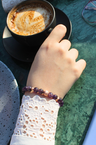 Zeren Ametist Doğal Taş Tasarım Bileklik-1 (925 Ayar Gümüş Üzeri Rose Altın Kaplama)