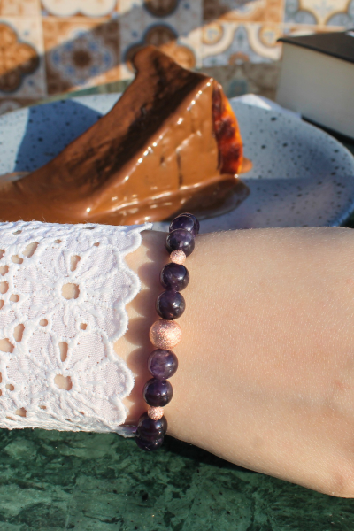 Zeren Ametist Doğal Taş Tasarım Bileklik-1 (925 Ayar Gümüş Üzeri Rose Altın Kaplama)