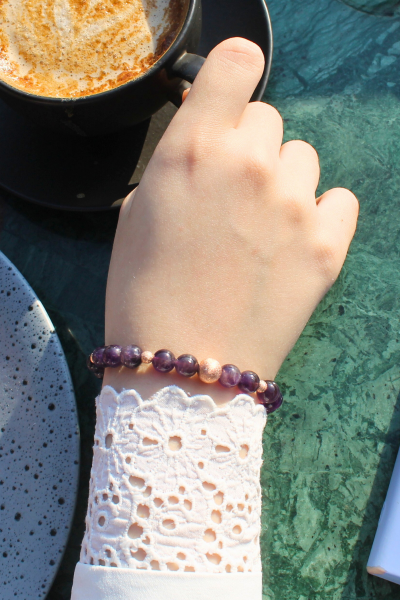 Zeren Ametist Doğal Taş Tasarım Bileklik-1 (925 Ayar Gümüş Üzeri Rose Altın Kaplama)