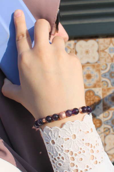 Zeren Ametist Doğal Taş Tasarım Bileklik-1 (925 Ayar Gümüş Üzeri Rose Altın Kaplama)