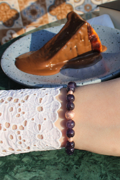 Zeren Ametist Doğal Taş Tasarım Bileklik-1 (925 Ayar Gümüş Üzeri Rose Altın Kaplama)