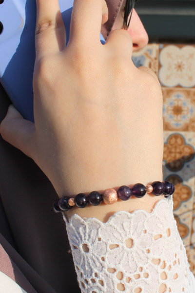 Zeren Ametist Doğal Taş Tasarım Bileklik-1 (925 Ayar Gümüş Üzeri Rose Altın Kaplama)