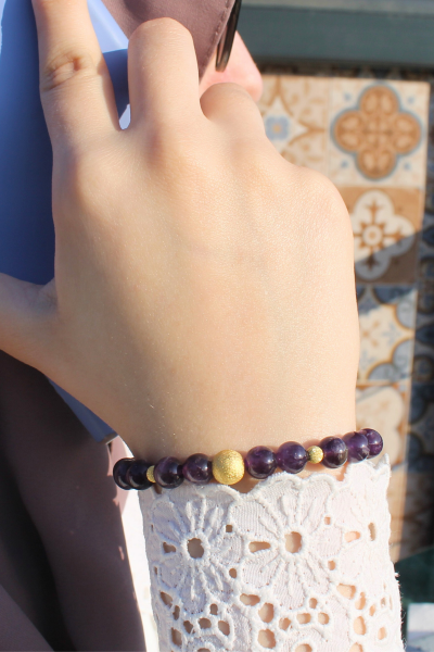 Zeren Ametist Doğal Taş Tasarım Bileklik-2 (925 Ayar Gümüş Üzeri 14K Altın Kaplama)