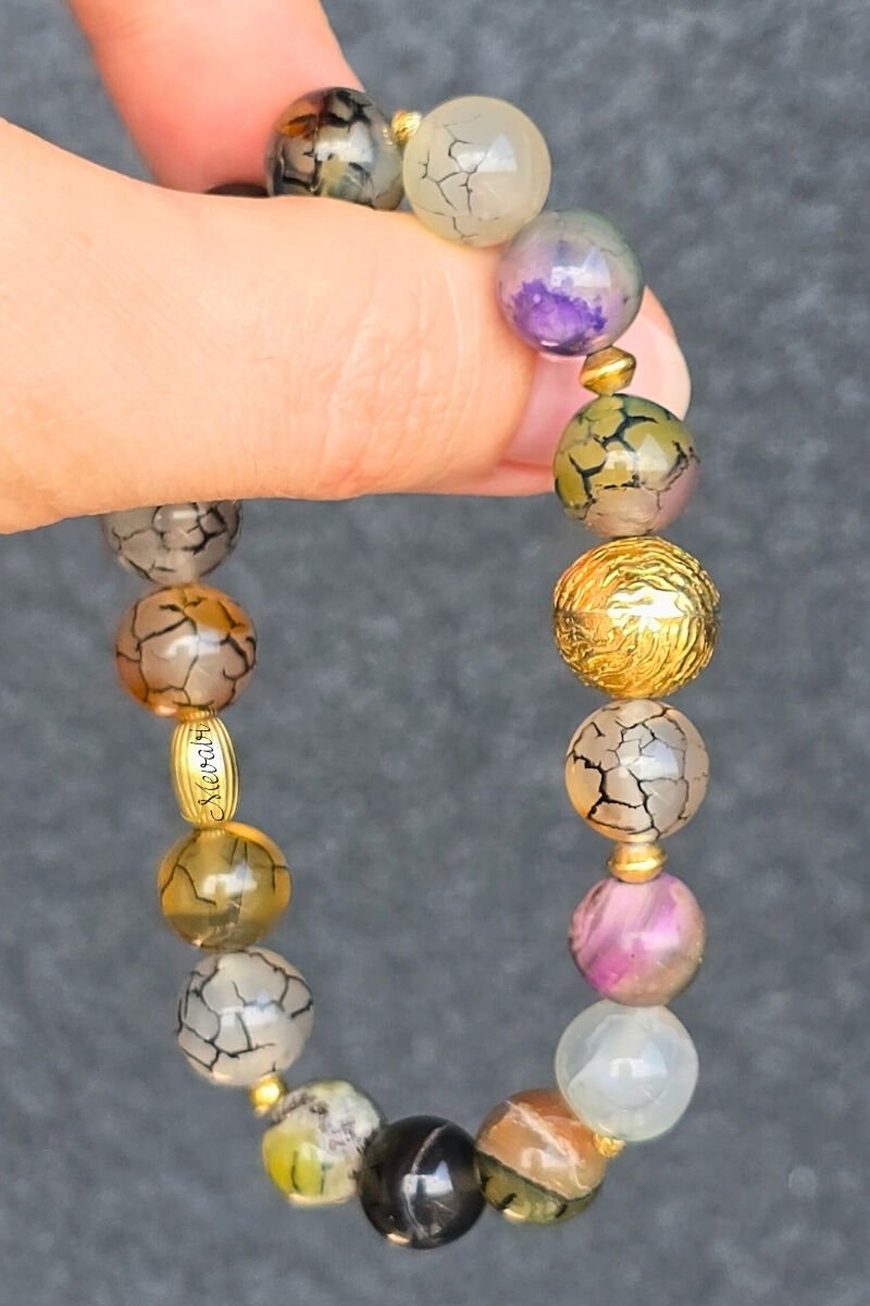 Berra Damarlı Akik Doğal Taş Tasarım Bileklik-4 (925 Ayar Gümüş Üzeri 14K Altın Kaplama)