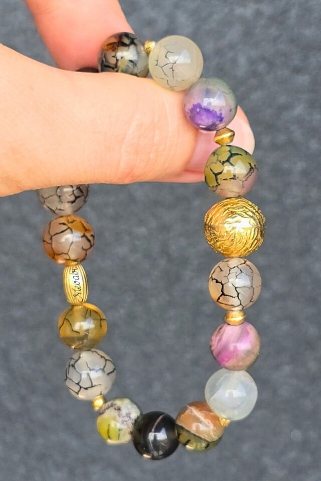 Berra Damarlı Akik Doğal Taş Tasarım Bileklik-4 (925 Ayar Gümüş Üzeri 14K Altın Kaplama)