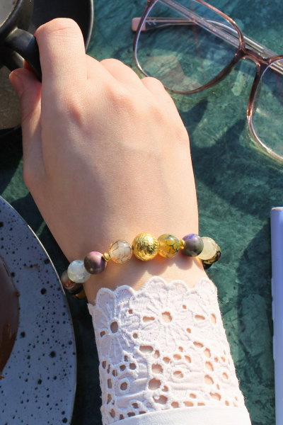 Berra Damarlı Akik Doğal Taş Tasarım Bileklik-4 (925 Ayar Gümüş Üzeri 14K Altın Kaplama)