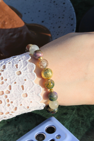 Berra Damarlı Akik Doğal Taş Tasarım Bileklik-4 (925 Ayar Gümüş Üzeri 14K Altın Kaplama)