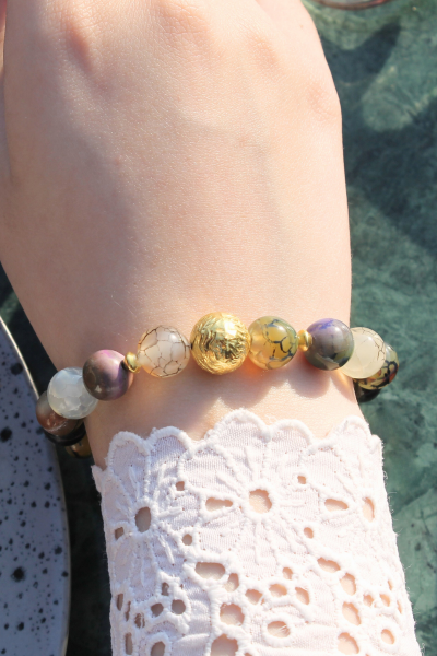 Berra Damarlı Akik Doğal Taş Tasarım Bileklik-4 (925 Ayar Gümüş Üzeri 14K Altın Kaplama)