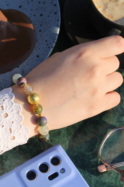 Berra Damarlı Akik Doğal Taş Tasarım Bileklik-4 (925 Ayar Gümüş Üzeri 14K Altın Kaplama)