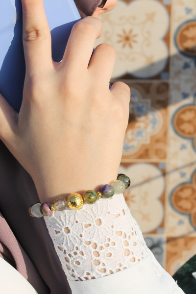 Berra Damarlı Akik Doğal Taş Tasarım Bileklik-4 (925 Ayar Gümüş Üzeri 14K Altın Kaplama)