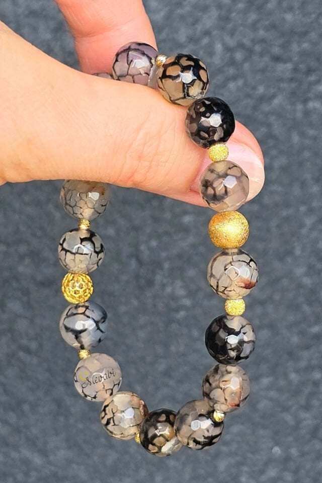 Berra Damarlı Akik Doğal Taş Tasarım Bileklik-1 (925 Ayar Gümüş Üzeri 14K Altın Kaplama)