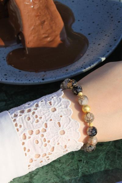 Berra Damarlı Akik Doğal Taş Tasarım Bileklik-84 (925 Ayar Gümüş Üzeri 14K Altın Kaplama)