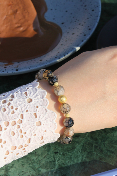 Berra Damarlı Akik Doğal Taş Tasarım Bileklik-84 (925 Ayar Gümüş Üzeri 14K Altın Kaplama)