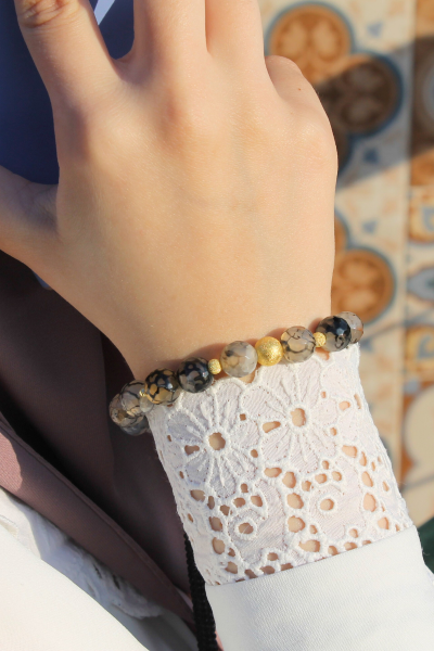 Berra Damarlı Akik Doğal Taş Tasarım Bileklik-84 (925 Ayar Gümüş Üzeri 14K Altın Kaplama)