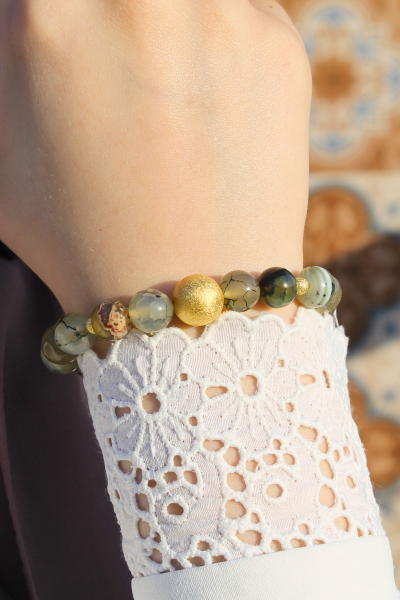 Berra Damarlı Akik Doğal Taş Tasarım Bileklik-3 (925 Ayar Gümüş Üzeri 14K Altın Kaplama)