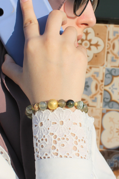 Berra Damarlı Akik Doğal Taş Tasarım Bileklik-3 (925 Ayar Gümüş Üzeri 14K Altın Kaplama)