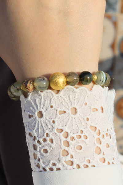 Berra Damarlı Akik Doğal Taş Tasarım Bileklik-3 (925 Ayar Gümüş Üzeri 14K Altın Kaplama)