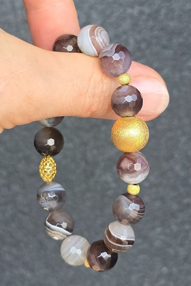 Berra Bostwana Akik Doğal Taş Tasarım Bileklik-1 (925 Ayar Gümüş Üzeri 14K Altın Kaplama)