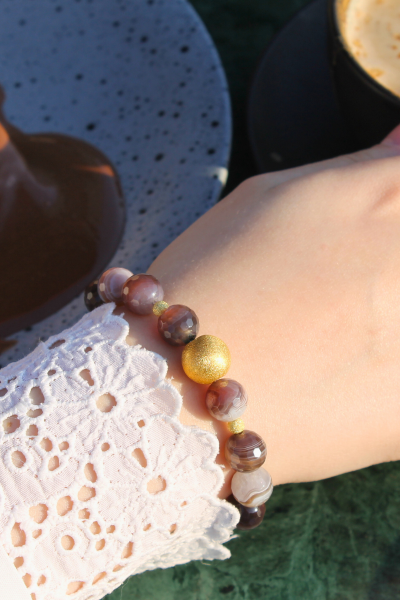 Berra Bostwana Akik Doğal Taş Tasarım Bileklik-1 (925 Ayar Gümüş Üzeri 14K Altın Kaplama)