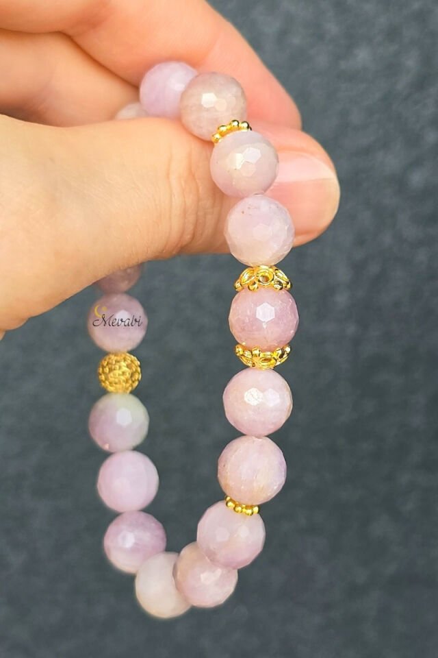 Birce Kunzit Doğal Taş Tasarım Bileklik-4 (925 Ayar Gümüş Üzeri 14K Altın Kaplama)