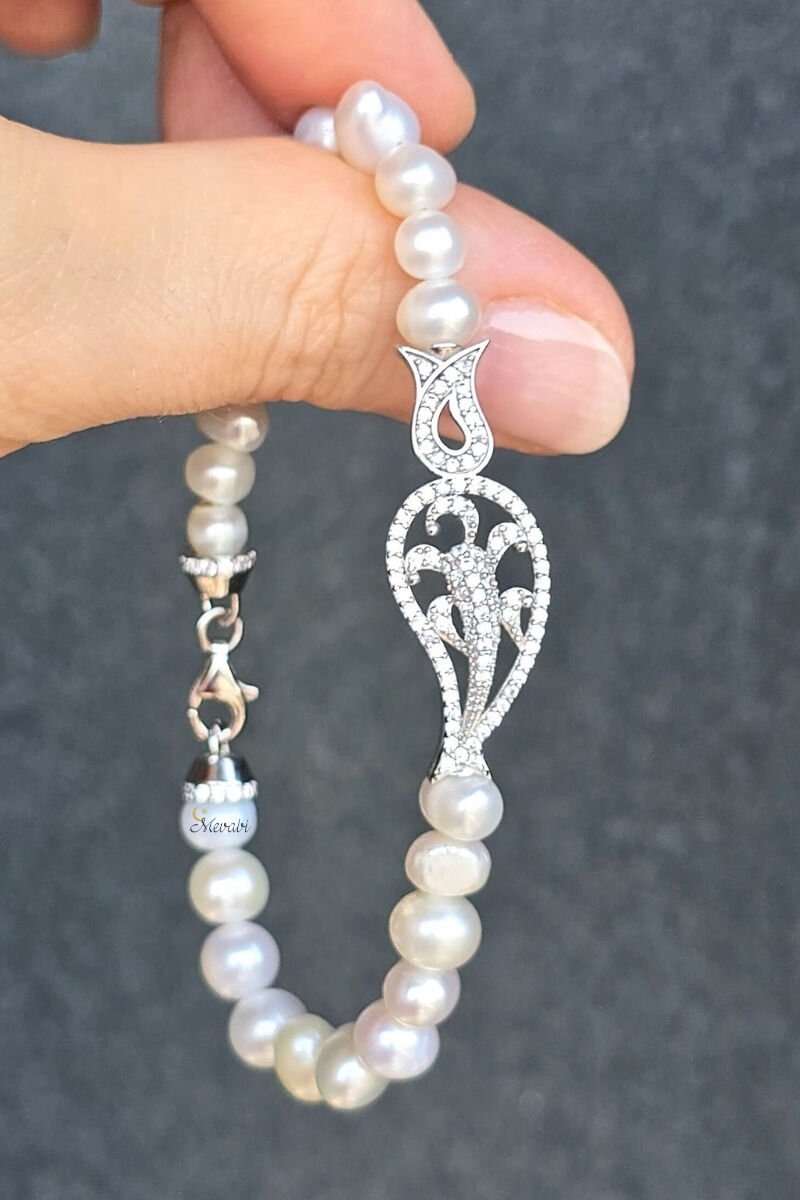 Majori Gerçek İnci Doğal Taş Tasarım Bileklik-8 (925 Ayar Gümüş)