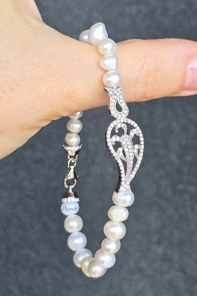 Majori Gerçek İnci Doğal Taş Tasarım Bileklik-8 (925 Ayar Gümüş)