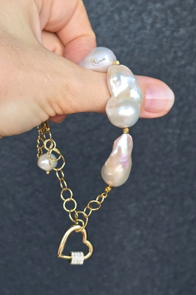 Majori Barok İnci Doğal Taş Tasarım Bileklik-1 (925 Ayar Gümüş Üzeri 14K Altın Kaplama)