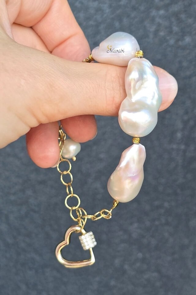 Majori Barok İnci Doğal Taş Tasarım Bileklik-1 (925 Ayar Gümüş Üzeri 14K Altın Kaplama)