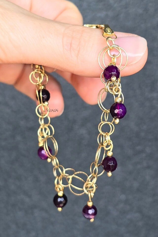 Zeren Ametist Doğal Taş Tasarım Bileklik-5 (925 Ayar Gümüş Üzeri 14K Altın Kaplama)