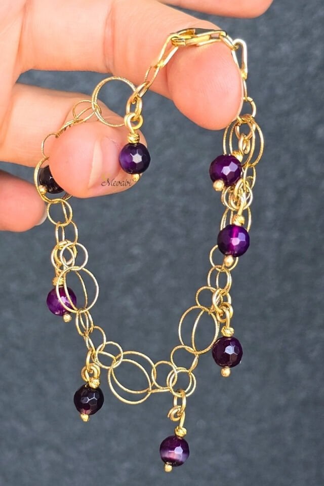 Zeren Ametist Doğal Taş Tasarım Bileklik-5 (925 Ayar Gümüş Üzeri 14K Altın Kaplama)