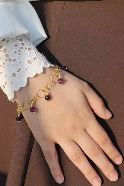 Zeren Ametist Doğal Taş Tasarım Bileklik-5 (925 Ayar Gümüş Üzeri 14K Altın Kaplama)