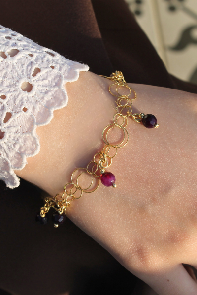 Zeren Ametist Doğal Taş Tasarım Bileklik-5 (925 Ayar Gümüş Üzeri 14K Altın Kaplama)