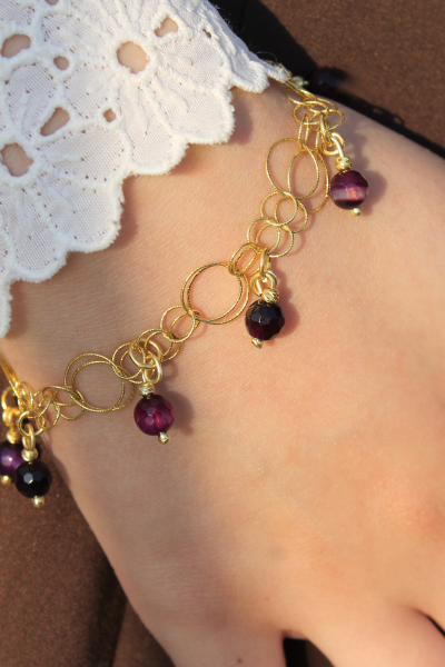 Zeren Ametist Doğal Taş Tasarım Bileklik-5 (925 Ayar Gümüş Üzeri 14K Altın Kaplama)