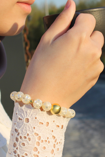 Selen Sedef Doğal Taş Tasarım Bileklik-2 (925 Ayar Gümüş Üzeri 14K Altın Kaplama)