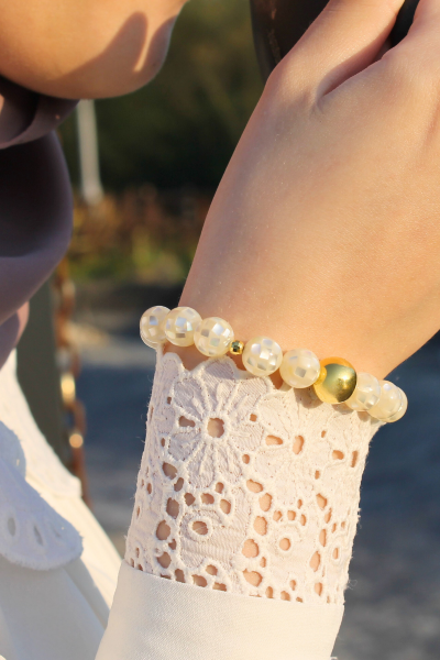 Selen Sedef Doğal Taş Tasarım Bileklik-2 (925 Ayar Gümüş Üzeri 14K Altın Kaplama)