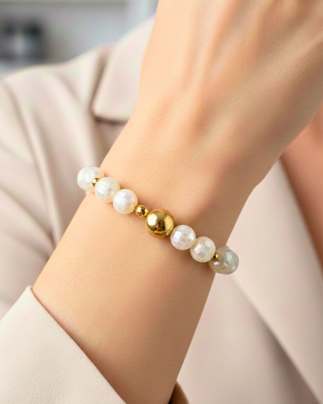 Selen Sedef Doğal Taş Tasarım Bileklik-2 (925 Ayar Gümüş Üzeri 14K Altın Kaplama)