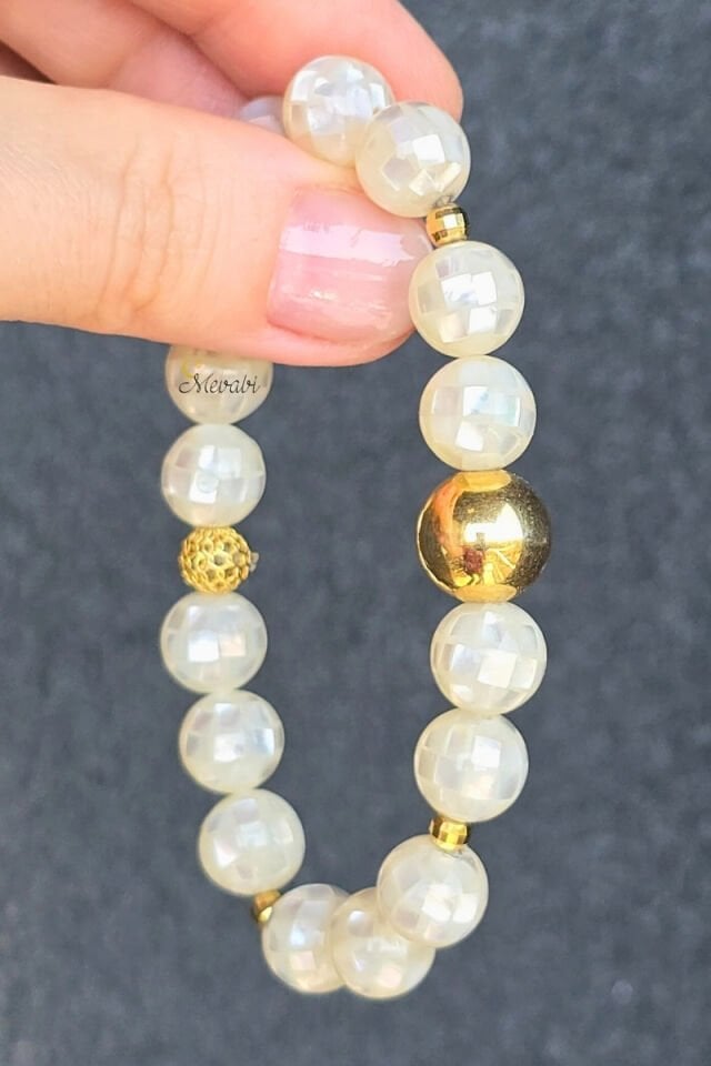 Selen Sedef Doğal Taş Tasarım Bileklik-2 (925 Ayar Gümüş Üzeri 14K Altın Kaplama)